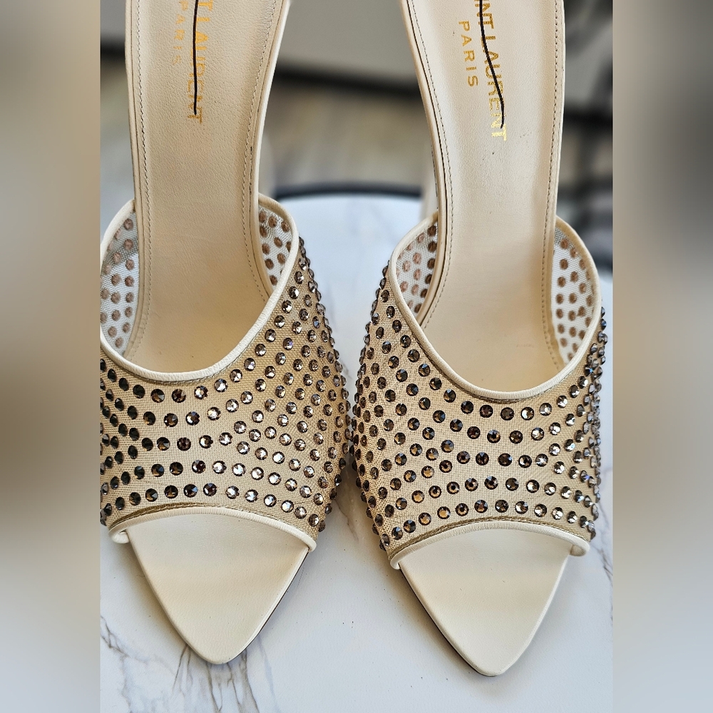 SAINT LAURENT Gippy Crystal Mesh Stiletto Mules Color Nude & Crystal 40 - Picture 9 of 16